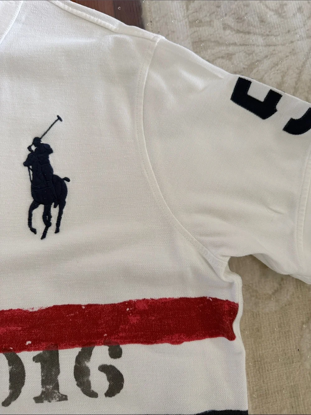 Ralph Lauren White Polo with Red and Navy Stripes and Embroidered Pony